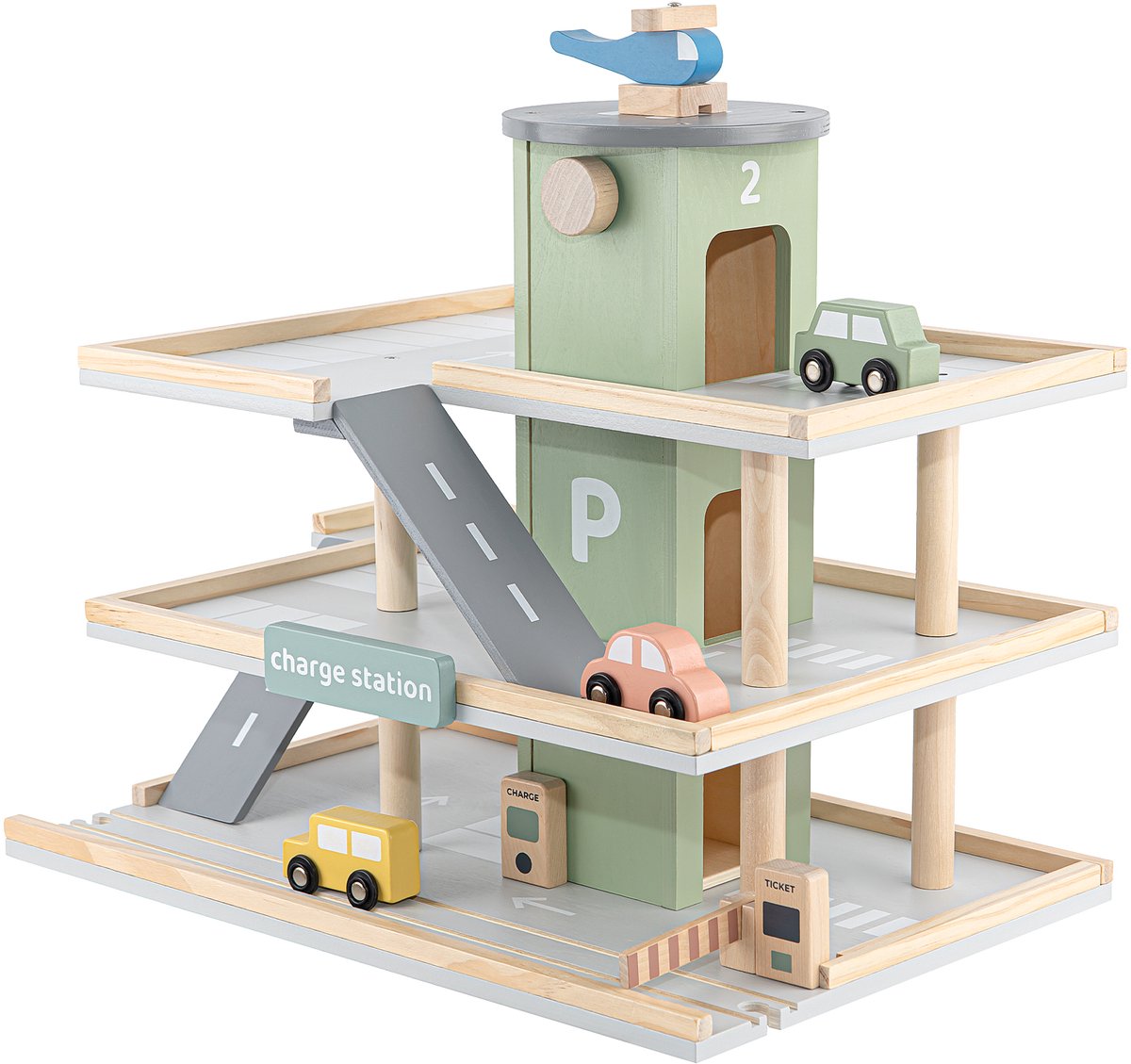 Babiem® Noah - Speelgoedgarage - met Accessoires - Parkeergarage Speelgoed - Parkeergarage - 45x30x37 cm - 7-Delige Set - Autogarage Speelgoed - FSC Hout