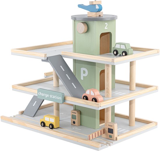 Babiem® Noah - Speelgoedgarage - met Accessoires - Parkeergarage Speelgoed - Parkeergarage - 45x30x37 cm - 7-Delige Set - Autogarage Speelgoed - FSC® Hout