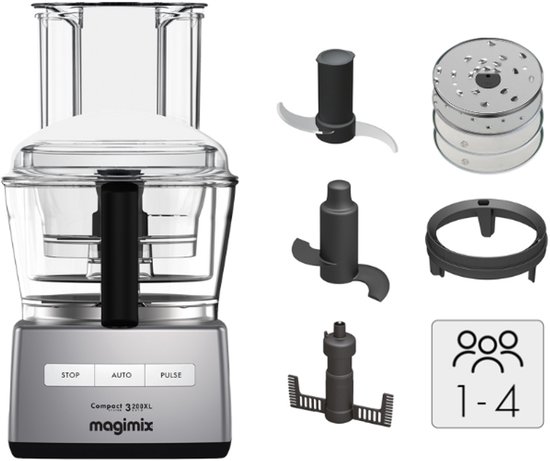Magimix Compact 3200XL keukenmachine in mat chroom met accessoires: mes, deegmes, plakjesmes, schijf en maatbeker voor 1-4 personen.