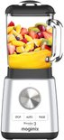 Een Magimix Blender 3 in mat chroom, gevuld met geel sap en diverse gesneden fruitsoorten.