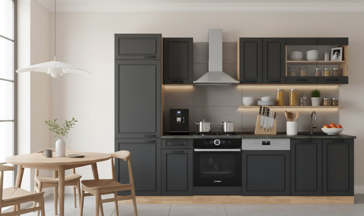 Complete Moderne Keuken 300 cm, Antraciet Landhuis / Goldkraft Eiken, Platteuren, Vicco LED-systeem & Bergstromen Spoelbakken, Verstelbare Poot & Werkblad – 300 x 82 x 60 cm – Novihome