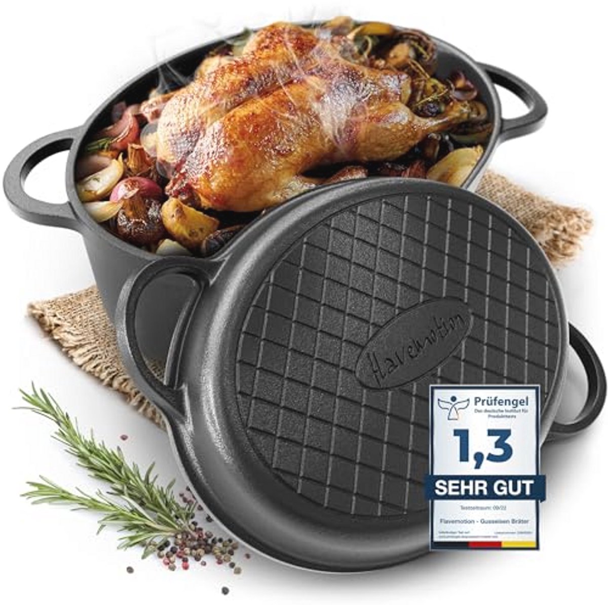 Gietijzeren braadpan met deksel en grillfunctie 35 cm, 9,1 l - Perfect voor inductie en ovengerechten