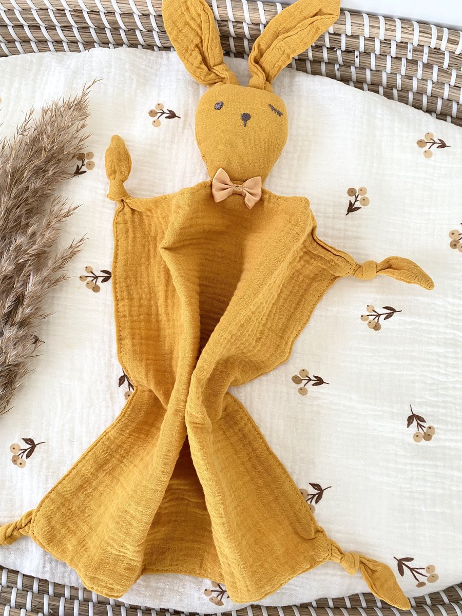 Luxe Speenkoorden - Knuffeldoekje hydrofiel - konijn - camel- strik - mousseline