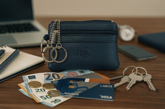 LeonDesign - 16-KW02C804-06 - BLEU FONCE - porte-clés / monnaie / carte avec 2 anneaux porte-clés en cuir véritable