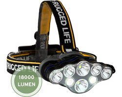 Hoofdlamp LED Oplaadbaar - Hoofdlampje - Hoofdlampen - Hoofdlamp Oplaadbaar - 8 LED-koplampen - 18000 Lumen - 500 Meter Bereik - Verstelbaar – Zwart - Rugged Life™