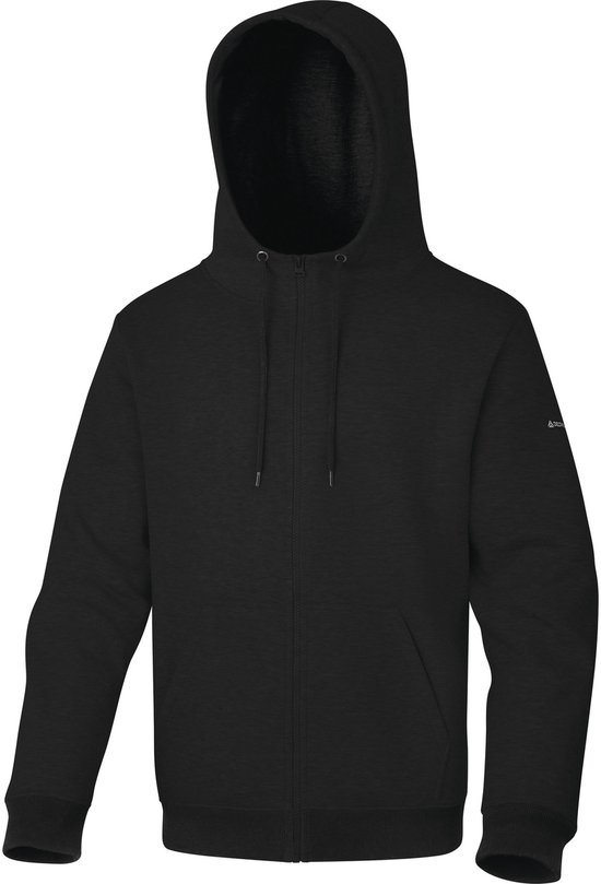 Zwarte hoodie met ritssluiting, capuchon en logo op de mouw.
