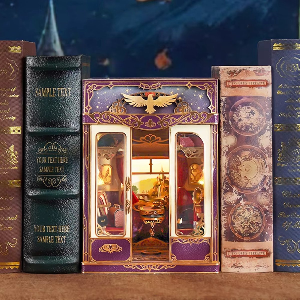 Tonecheer Magical Journey Book Nook Bouwpakket - Modelbouw - 15,8 x 22,4 x 22,5 cm - Houten 3D Puzzel - Boekensteun - LED-licht - Bewegingssensor Licht - Boekenhouder — afbeelding 2