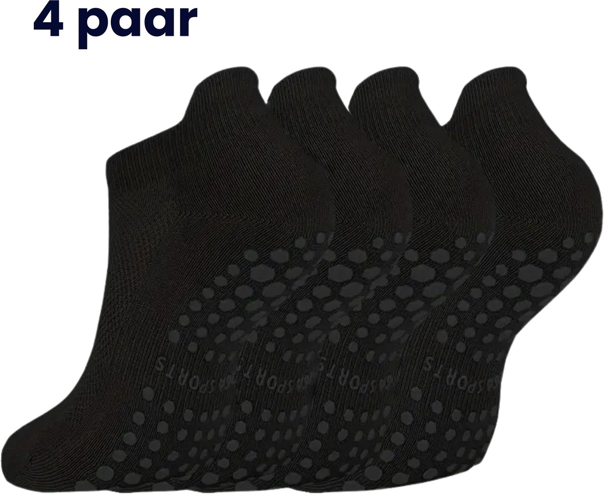 Anti-Slip Yoga & Pilates Sokken Dames - Set van 4 Paar - Zwart 4x - Yogasokken met Gripzool - Ademend & Comfortabel - Perfecte Grip bij Yoga, Pilates, Ballet, Barre & Dans - Antislip Sportsokken voor Dames