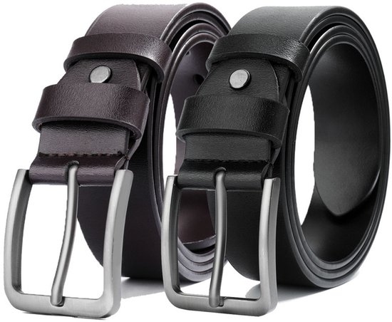 Zwarte en bruine leren herenriemen met metalen gespen, beide 38 mm breed.