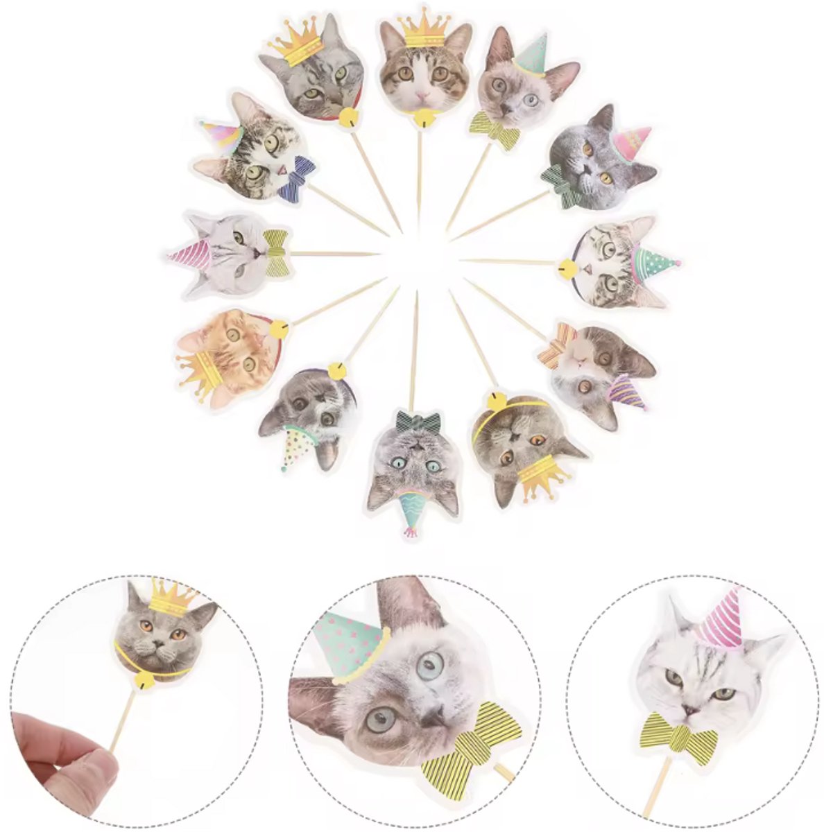 Cocktailprikkers met katten - Grappige feestprikkers met kattenafbeelding - 12 stuks - CHPN