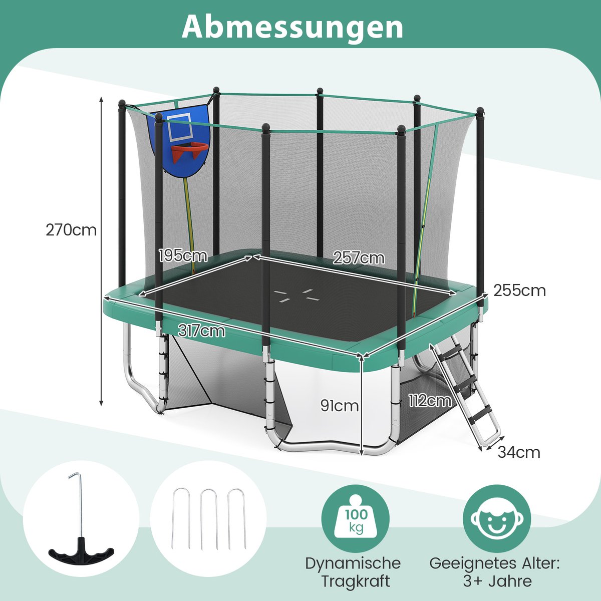 COSTWAY Trampoline voor buiten, rechthoekig, 3-in-1 kindertrampoline met ladder, basketbalkorf en voetbaldoel, tuintrampoline met veiligheidsnet en metalen frame, voor kinderen en volwassenen, groen — afbeelding 7