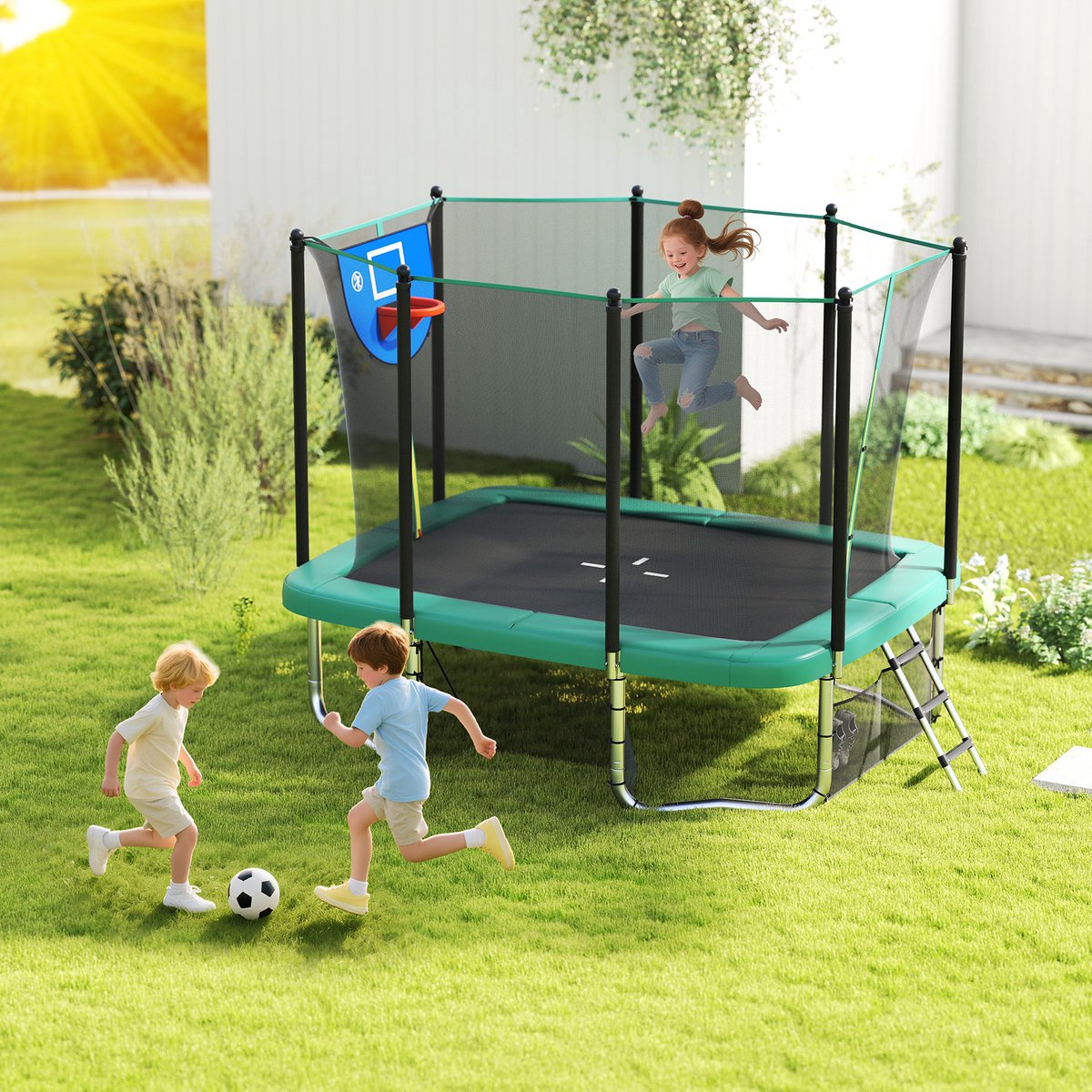 COSTWAY Trampoline voor buiten, rechthoekig, 3-in-1 kindertrampoline met ladder, basketbalkorf en voetbaldoel, tuintrampoline met veiligheidsnet en metalen frame, voor kinderen en volwassenen, groen — afbeelding 2