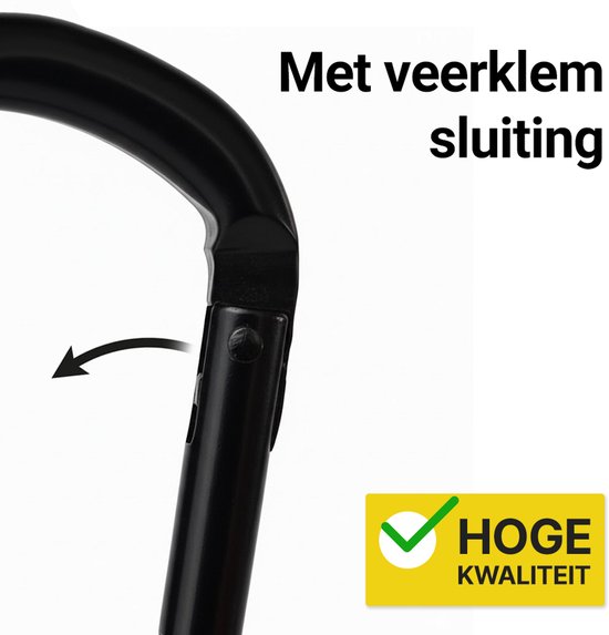 Zwarte Ecorare karabijnhaak met veer klemsluiting en indicatie van hoge kwaliteit.