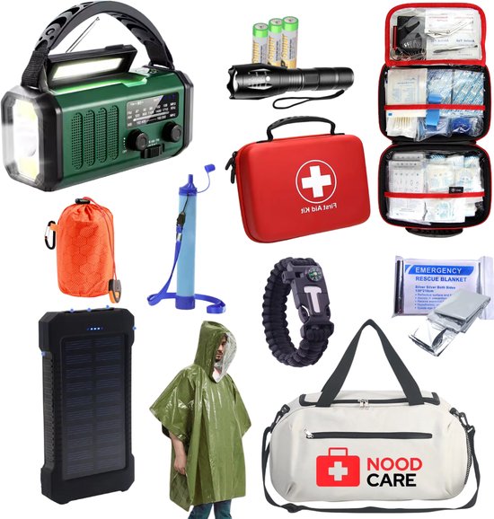 NoodCare Noodpakket – Survival Kit voor Thuis & Onderweg – Met Noodradio 10.000 MAH, Zonne-Powerbank, EHBO, Survival Armband, Rampentas – 72 Uur Voorbereid - Denk Vooruit