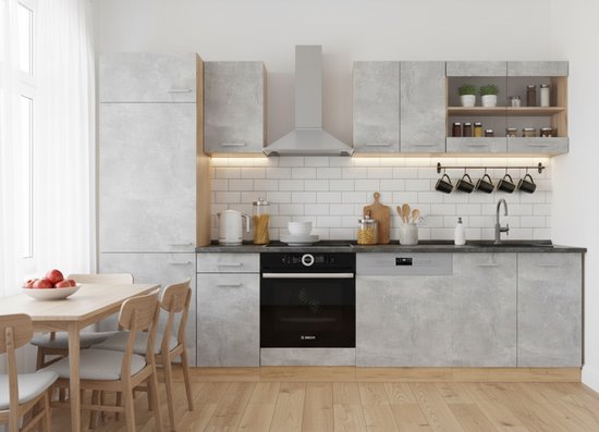 Keukenblok 300 cm Modern Beton / Goldkraft Eiken – Luxe Complete Modulaire Keuken met Werkblad, Verstelbare Poten, Uitbreidbaar Ontwerp & Strakke Antraciet Afwerking – 300x207x60 cm – Novihome