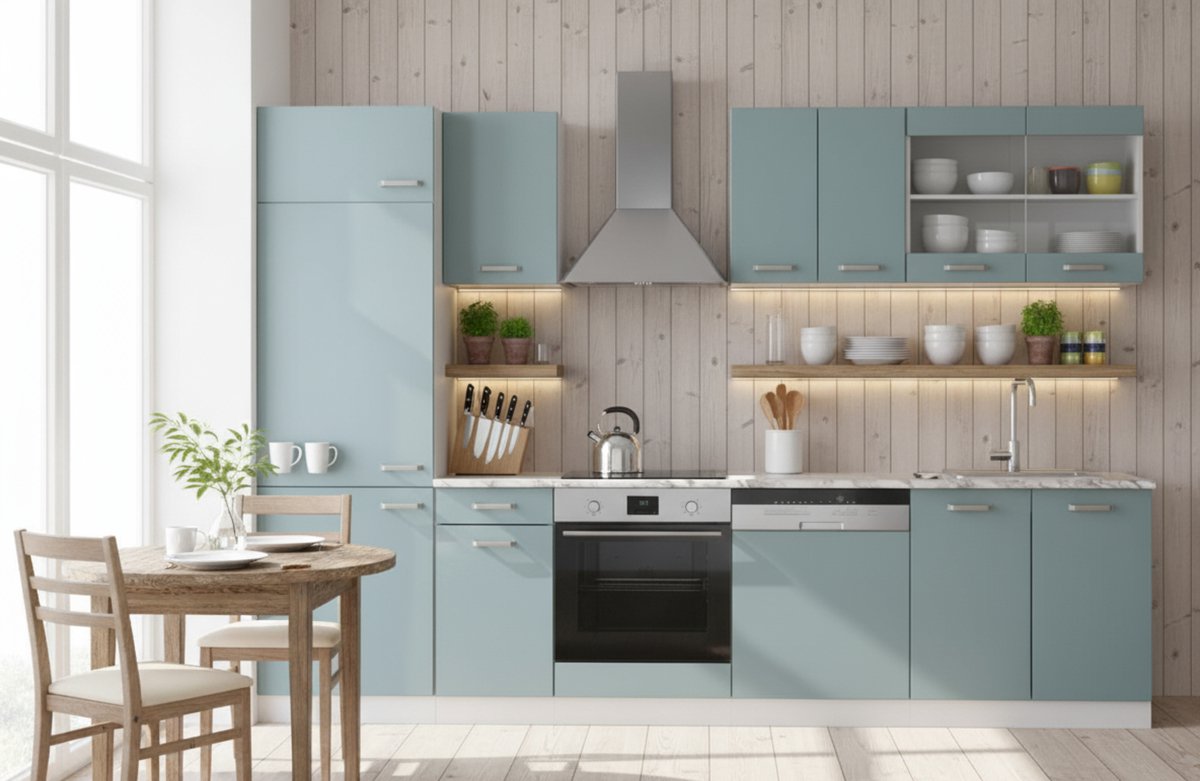 Keukenblok 300 cm Blauw-Grijs/Wit met Marmer Werkblad – Complete Moderne Kitchenette met Verstelbare Poten & Stofdichte Afwerking – Inclusief Werkblad & Montagehandleiding – 300x206,8x60 cm – Novihome