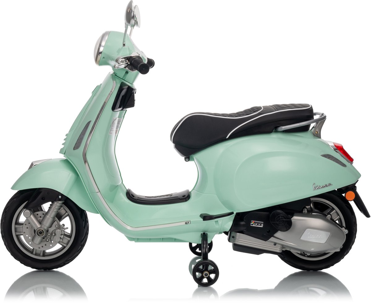Vespa Primavera Elektrische Kinderscooter - Mintgroene kinderscooter met zijwieltjes
