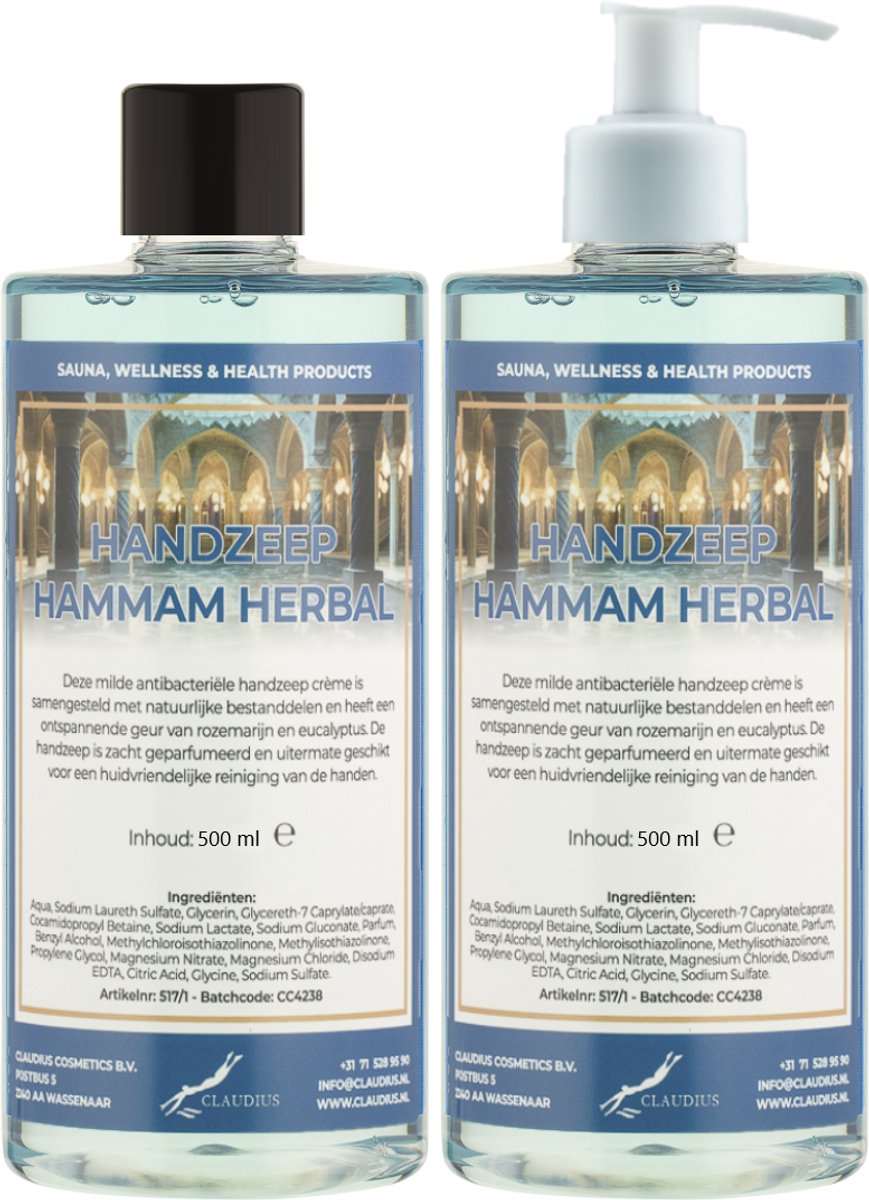 Handzeep Hammam Herbal 500 ml - set van 2 stuks - met gratis pomp - Voordeelverpakking