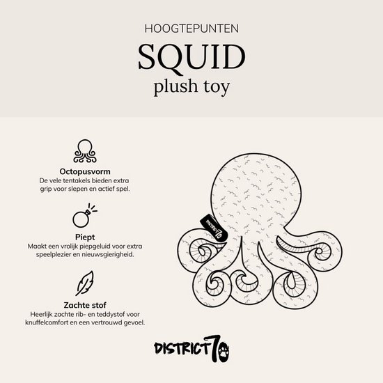 Informatiepagina voor de District 70 SQUID plush toy: octopusvorm, piept, zachte stof.
