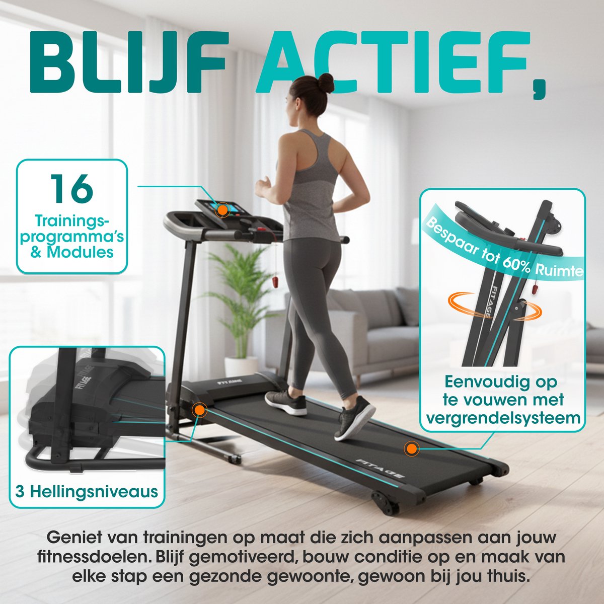 FITAGE Loopband 12km/u met 3 Hellingniveaus Zwart - afbeelding 2