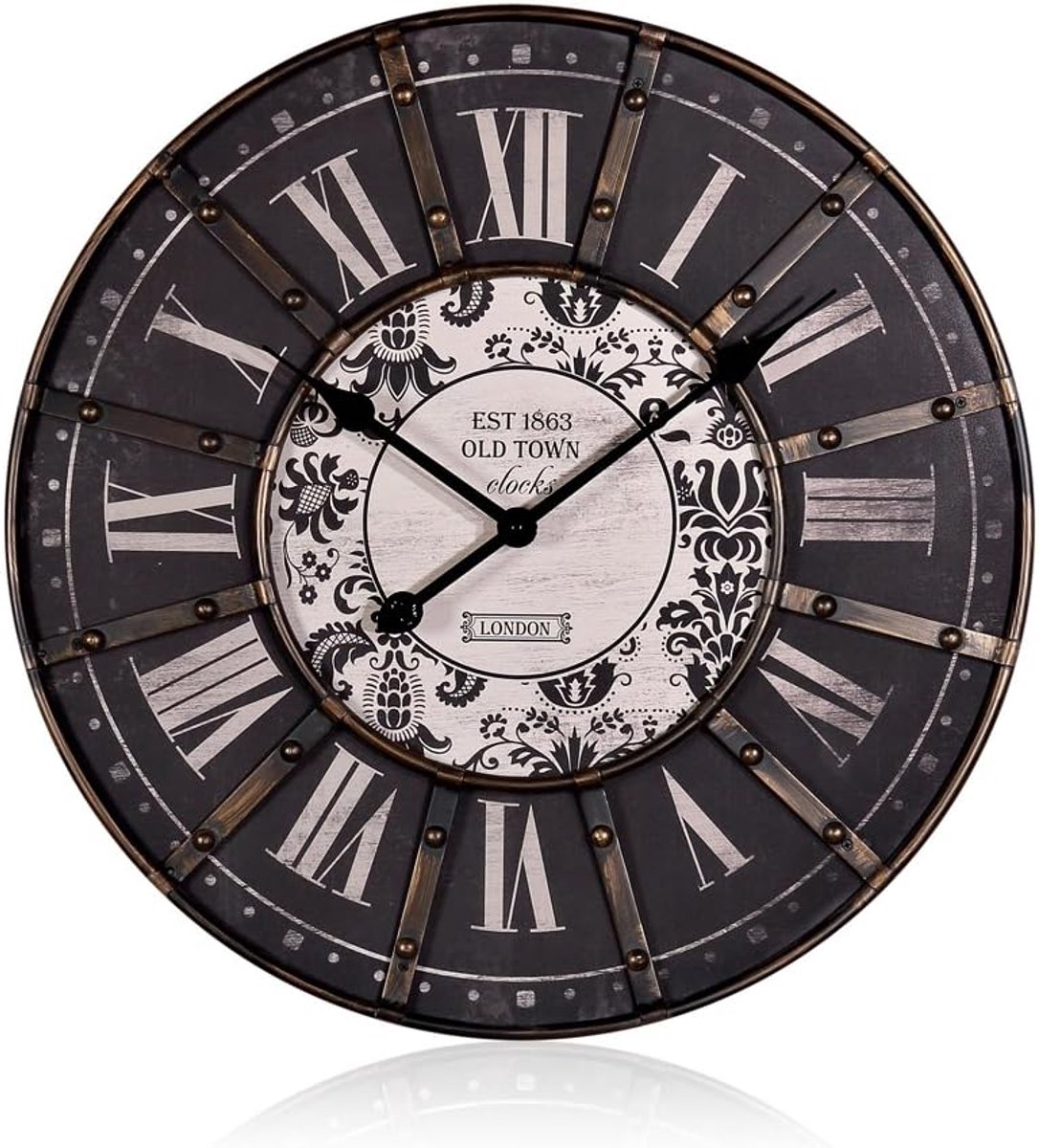 Grote Vintage Wandklok 60 cm | Decoratieve Stationsklok met Metalen Frame | Zwarte Muurklok voor Woonkamer & Hal