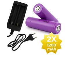 2x 1200mAh 18650 3,7V Li-Ion - 18 x 65 mm Cilindrisch - Oplaadbare CR18650 Batterijen met Netstroom Oplader - Universele Lithium-Ion Batterijen met 230V Lader