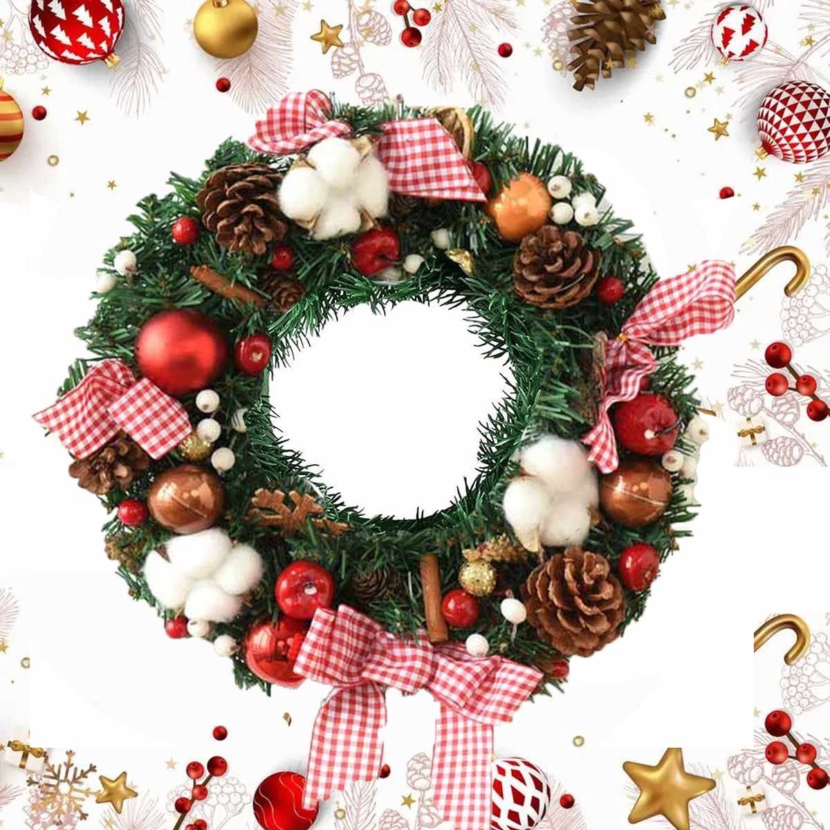 Kerstkrans -Kerstkransen met Decoraties (35cm)-Groen-met Rode Kerstballen enn katoen- kerstversiering-Kerstdecoratie-Kerstmis