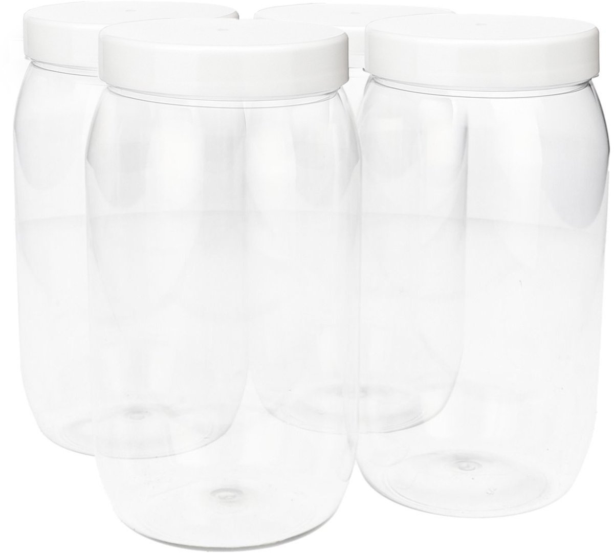 4 x Ronde Pot 1000ml PET Kunststof - Transparant met Schroefdeksel wit - PET Kunststof BPA-vrij - Plastic Verzamel potten Navulbaar - Met Dop - Lege Potten - 4 stuks