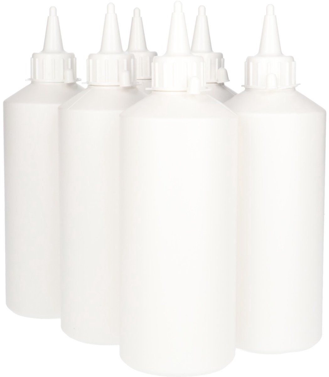 6 x Doseerfles 500 ml wit met Tuitdop wit - Rond- BPA Vrij - Niet Breekbaar - Plastic Flesjes Navulbaar - Met Dop - Lege Flessen - 6 stuks