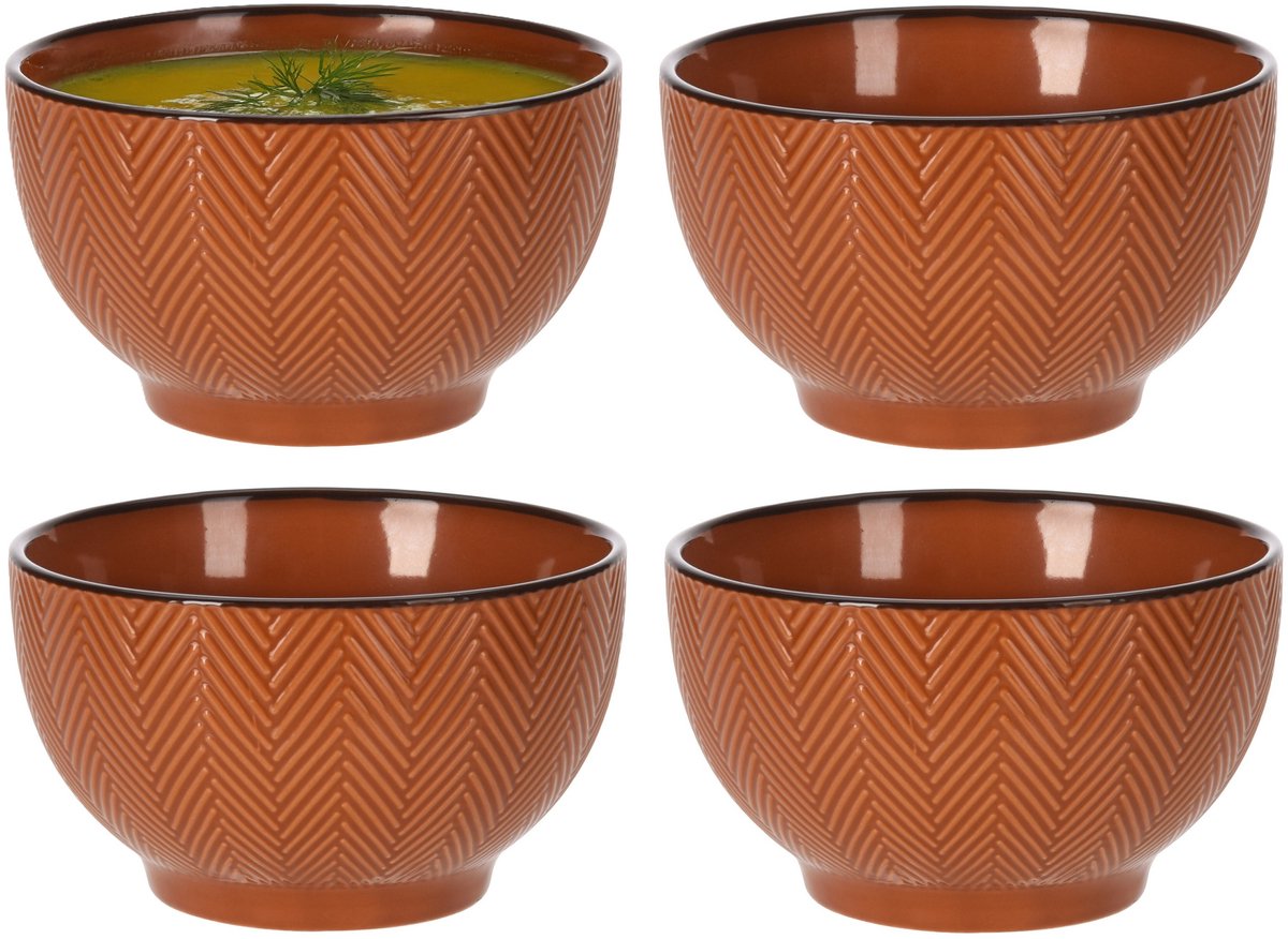 Siaki Soepkom Fishbone - 4x - terra - 14 x 8 cm - keramiek - kommetjes/schaaltjes - 680 ml