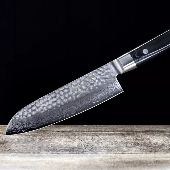 Yaxell Japonais - Série Zen - Couteau de Chef Santoku - Acier VG-10 - 61 HRC - Lame 16,5 cm - Acier Damas 37 Couches - Manche Toile-Micarta