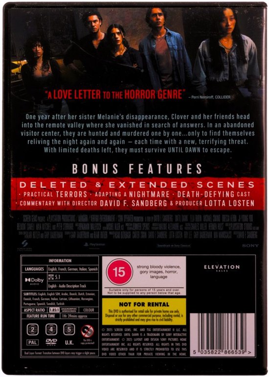 De achterkant van de Until Dawn DVD met de cast, bonusfeatures en informatie.