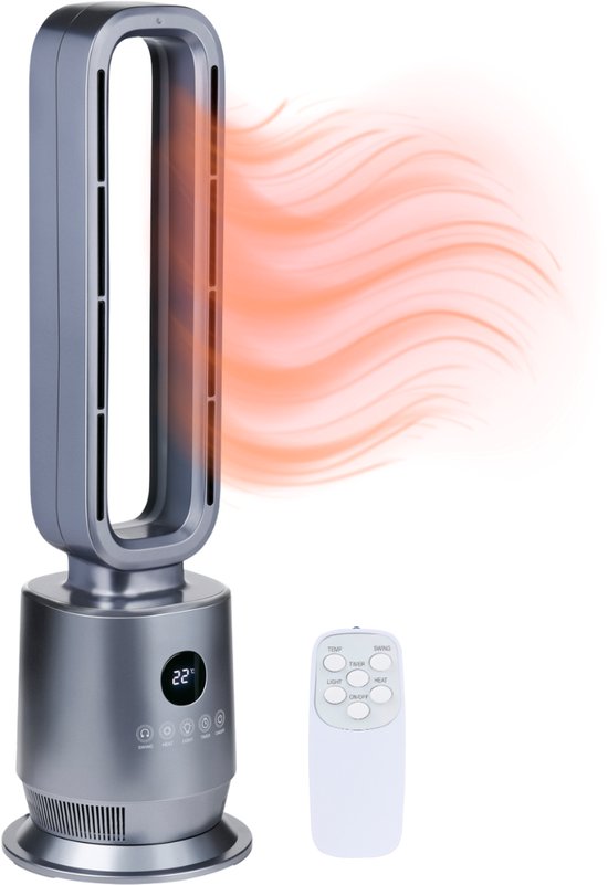 Grijze torenventilator die warme lucht uitblaast, met afstandsbediening.
