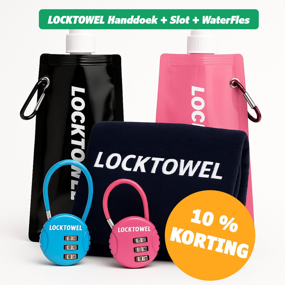 LockTowel Gym Gift Set - Roze – Handdoek + Slot + Fles – Sportief cadeau voor Sinterklaas of Kerst – Ideaal voor goede voornemens