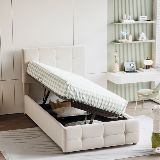 Modern eenpersoonsbed, 90 x 200 cm, fluwelen gestoffeerd bed met Modern eenpersoonsbed, 90 x 200 cm, fluwelen gestoffeerd bed met