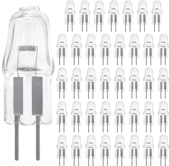 Een enkele G4 halogeenlamp naast een set van 35 identieke lampen.
