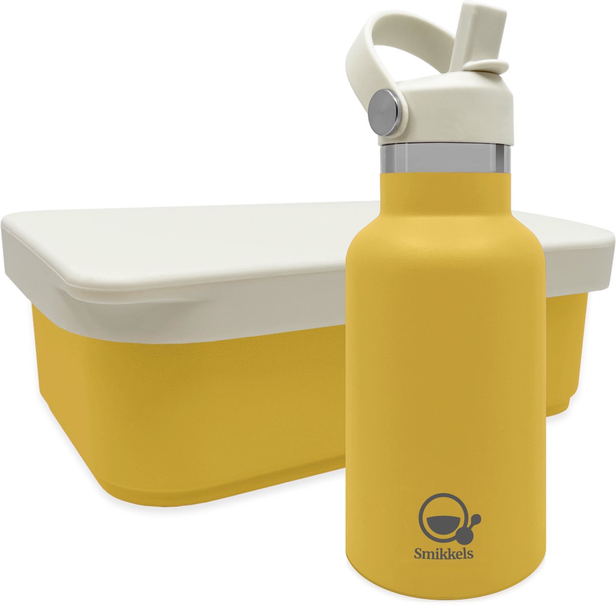 Smikkels - RVS Lunchset thermos/siliconen - Met vernieuwde rietjes dop en siliconen deksel - Geel - Schoolset kind