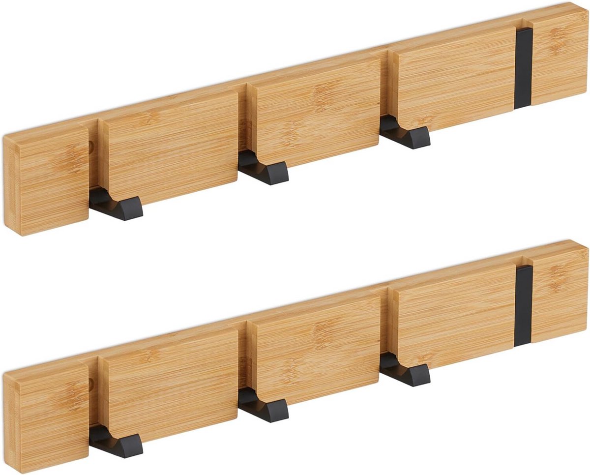 Homium Wandkapstok van bamboe 4 haken - set 2 stuks - hout - 40 cm - muurkapstok