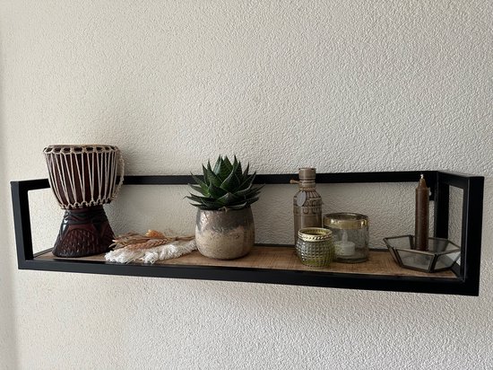 Wandrek - Prachtig Mangohout - Zwart Metaal - 60 CM - Wandplank - Hoge Kwaliteit