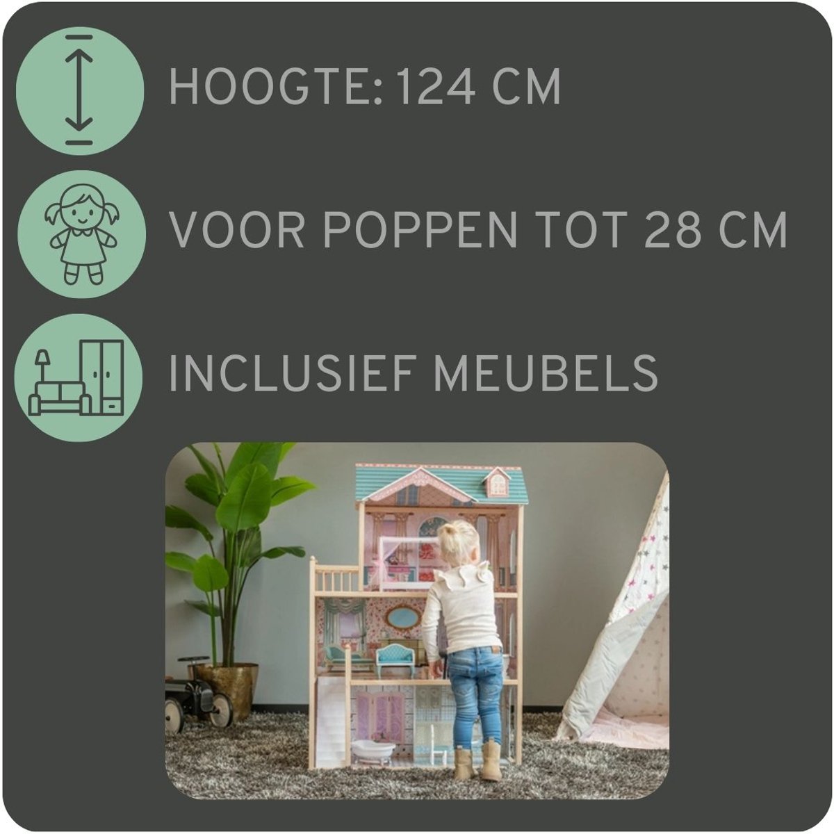 Bandits & Angels Houten Poppenhuis Sweet Country House vanaf 3 jaar 124 cm hoog Roze/Blauw - Inclusief 11 Meubeltjes - Geschikt voor grotere poppen - Poppen Huis - Poppen Meubels — afbeelding 8
