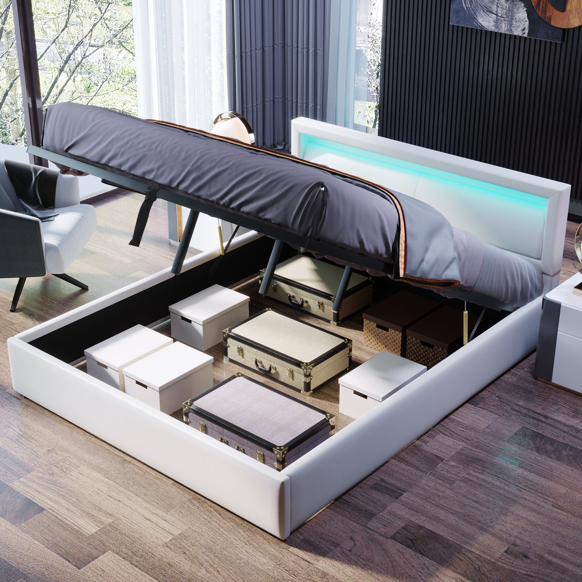 MODFU Gepolsterd bed 140x200 cm – Hoog LED-hoofdeinde – Hydraulische opbergruimte – PU wit