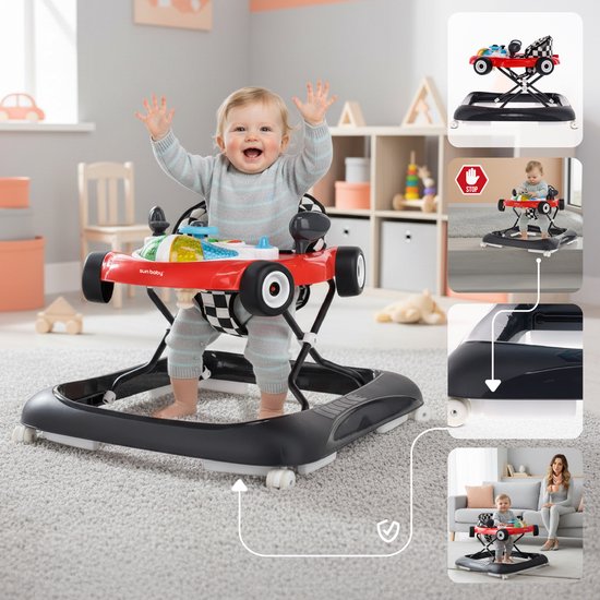 sun baby Loopstoel, baby walker vanaf 6 maanden, verstelbare hoogte, rubberen wielen - Rood-Zwart van Sun Baby — afbeelding 4
