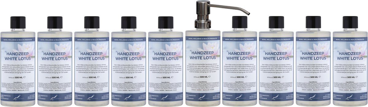 Handzeep White Lotus 500 ml - set van 10 stuks - met gratis RVS zilverkleurige pomp - Voordeelverpakking