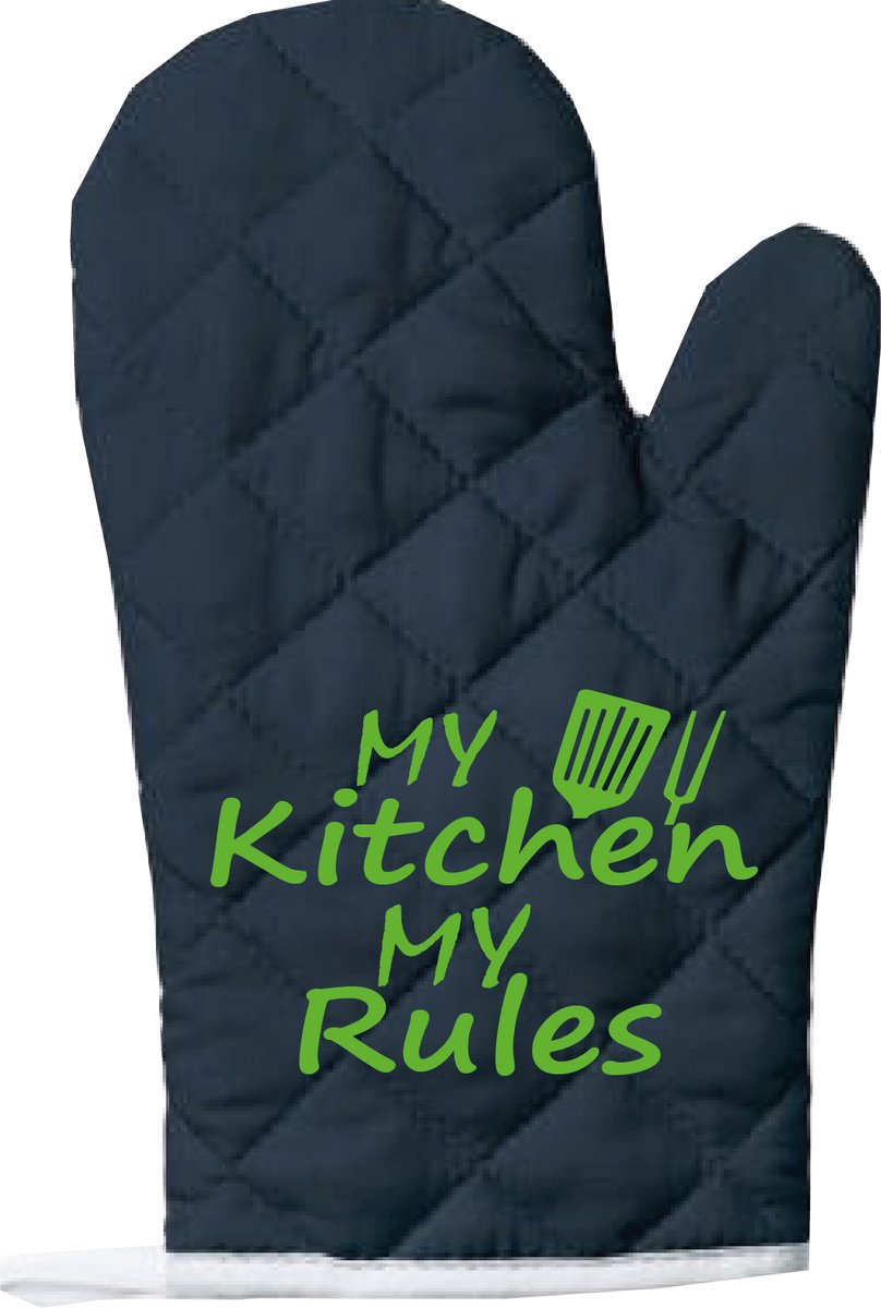 EIZOOK Functionele Ovenwant- Navy Blauw met Groene Opdruk My Kitchen My Rules