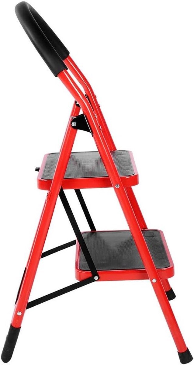 Borvat® Opvouwbare stalen trapladder – Stevige huishoudtrap – Ladder met 2 treden – Antislip ontwerp – Compact opstapje – Stabiel hulptrapje – Veilige trapladder-Rood – foto 6