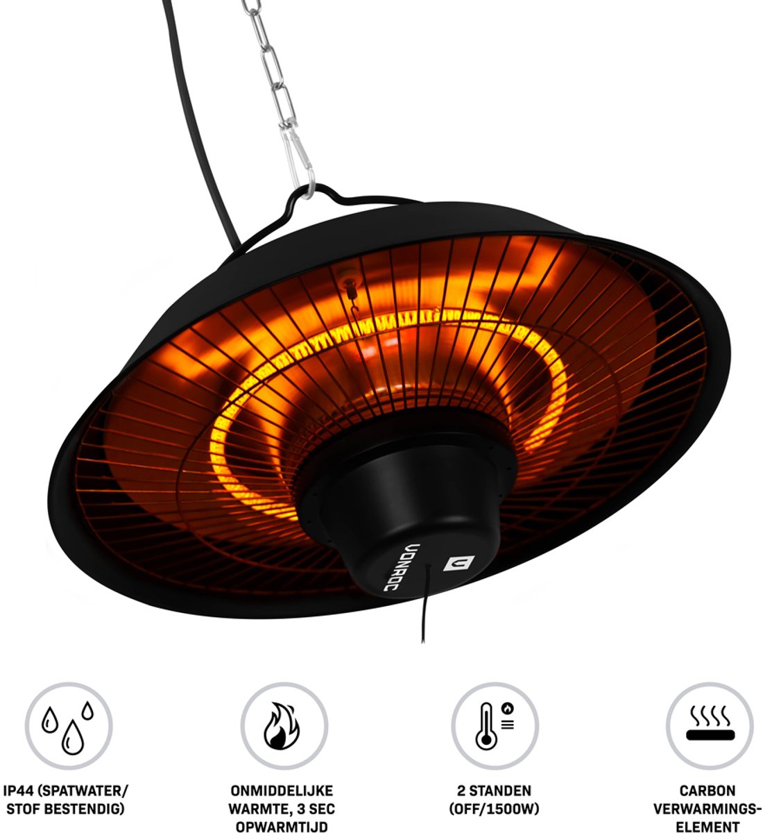 VONROC Sfeervolle terrasverwarmer – Heater Ustica – Infrarood – 1500W - Hoog rendement – Carbonfiberlamp – foto 4