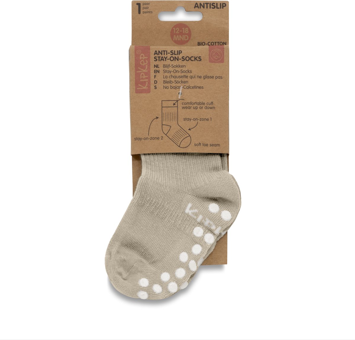 KipKep Blijf-Sokken Antislip - Cookie - baby peuter sokken - Maat 12-18 maanden - schoenmaat 19-22 - beige - 1 paar - zakken niet af - Stay-on-Socks - biologisch katoen