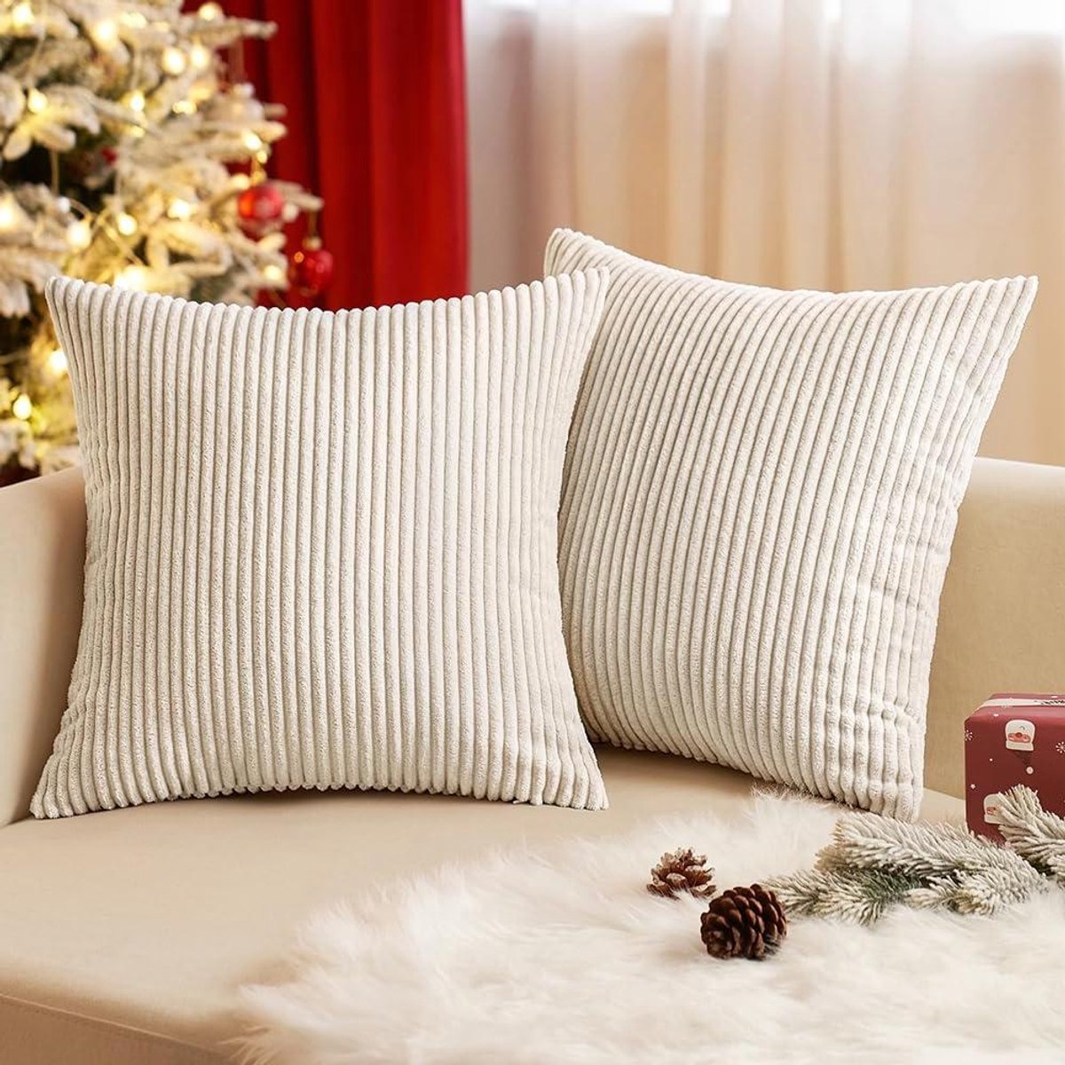 Provento - Corduroy Kussenhoezen Vierkant Gestreept Zacht Decoratief 40 x 40 cm Beige - Set van 2