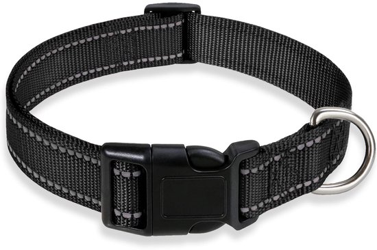 Reflecterende hondenhalsband met verstelbare gesp, veiligheidshalsband van nylon voor kleine, middelgrote en grote honden, zwart S - Halsomtrek 25-35 cm