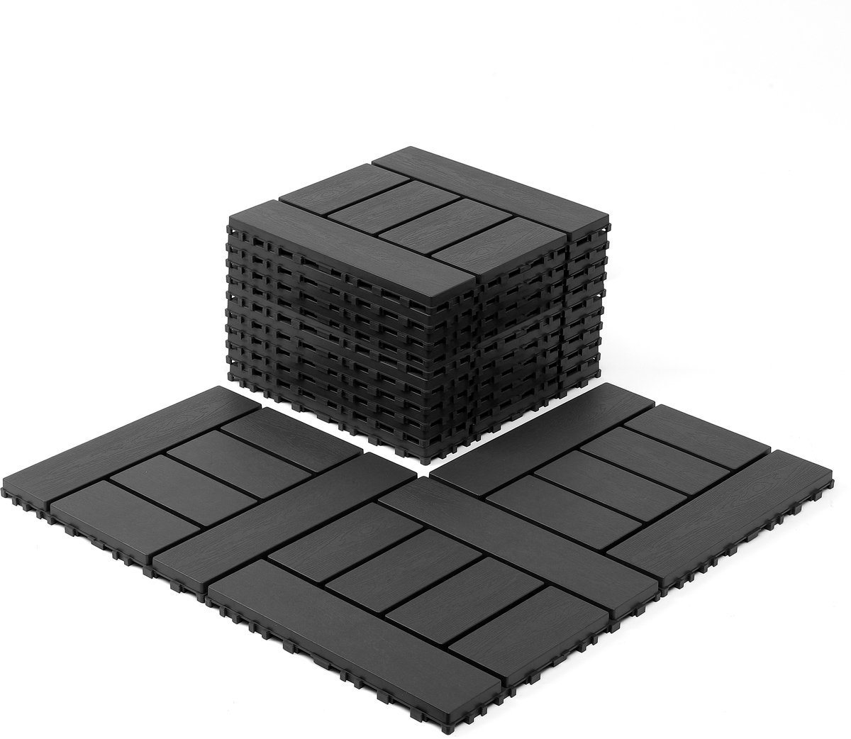 H-style 12" terrastegels, DIY modulaire vergrendelende vloertegels voor buiten en binnen, eenvoudige en snelle installatie vloertegels voor veranda, zwembadrand, balkon, achtertuin, 44 stuks, donkergrijs